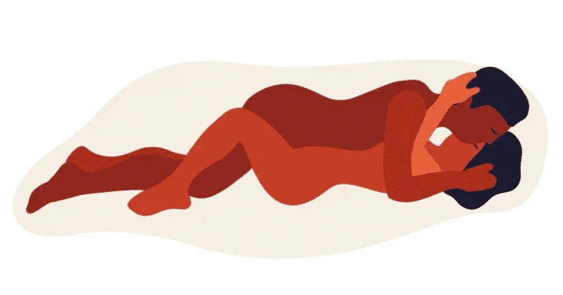 Illustrasjon av et intimt par som koser tett sammen, romantisk omfavnelse i en seng.