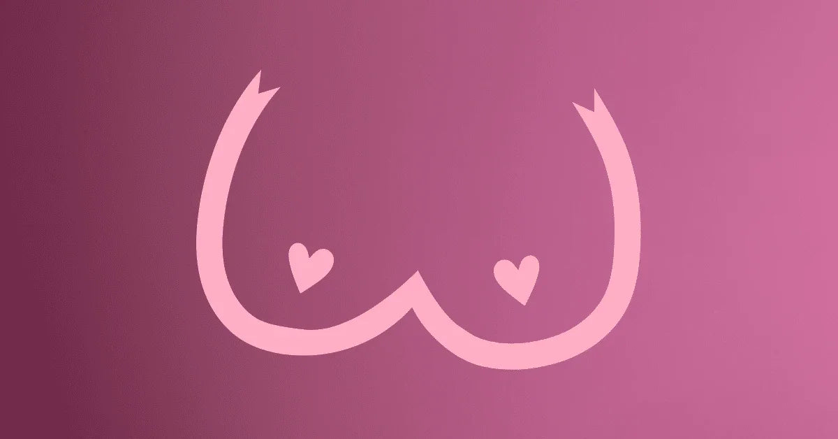 Minimalistic pink breast outline with heart shapes on nipples, erotic graphic on purple background