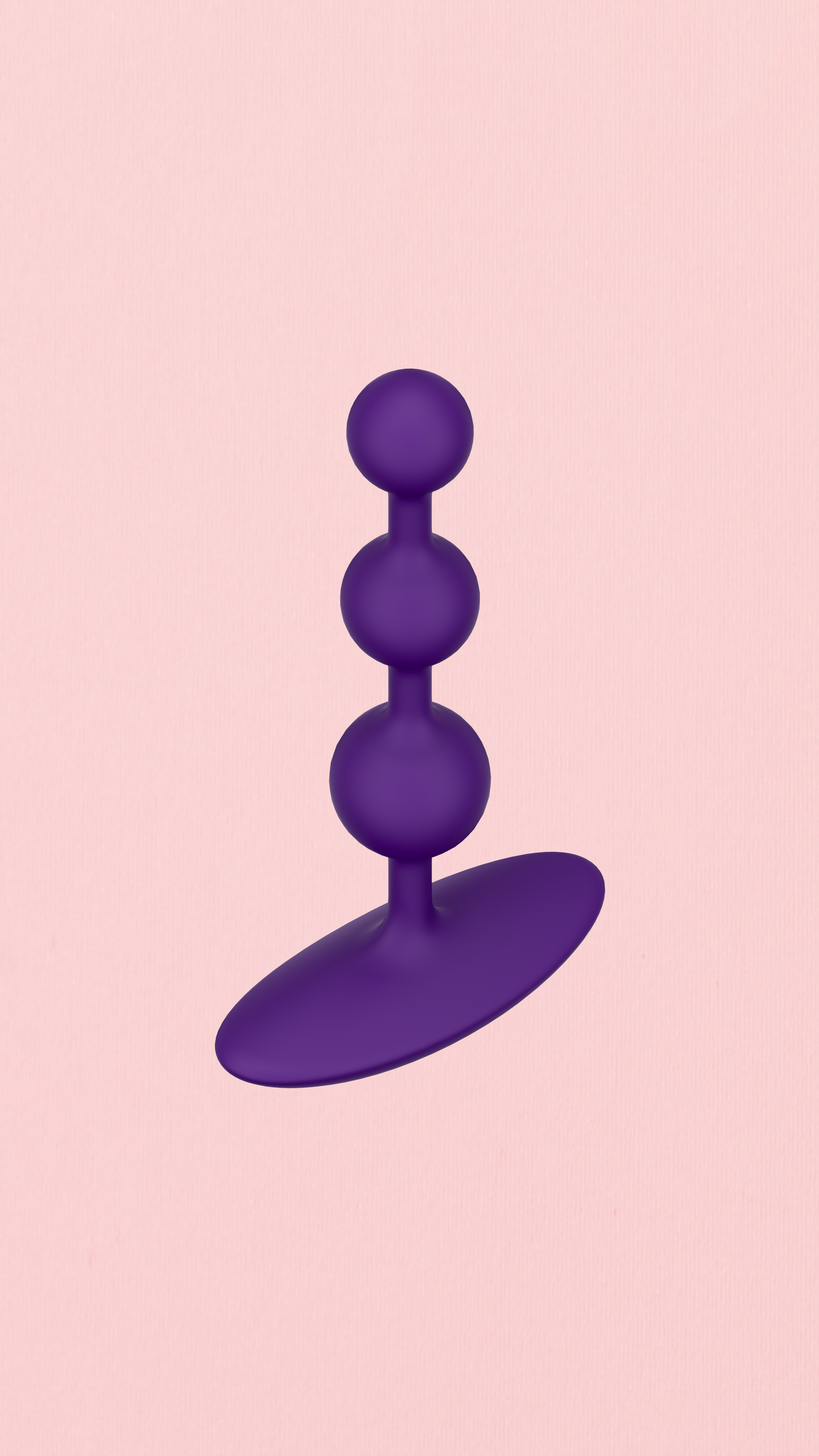 Purple silicone beads with three round segments and a flared base on a light pink background.