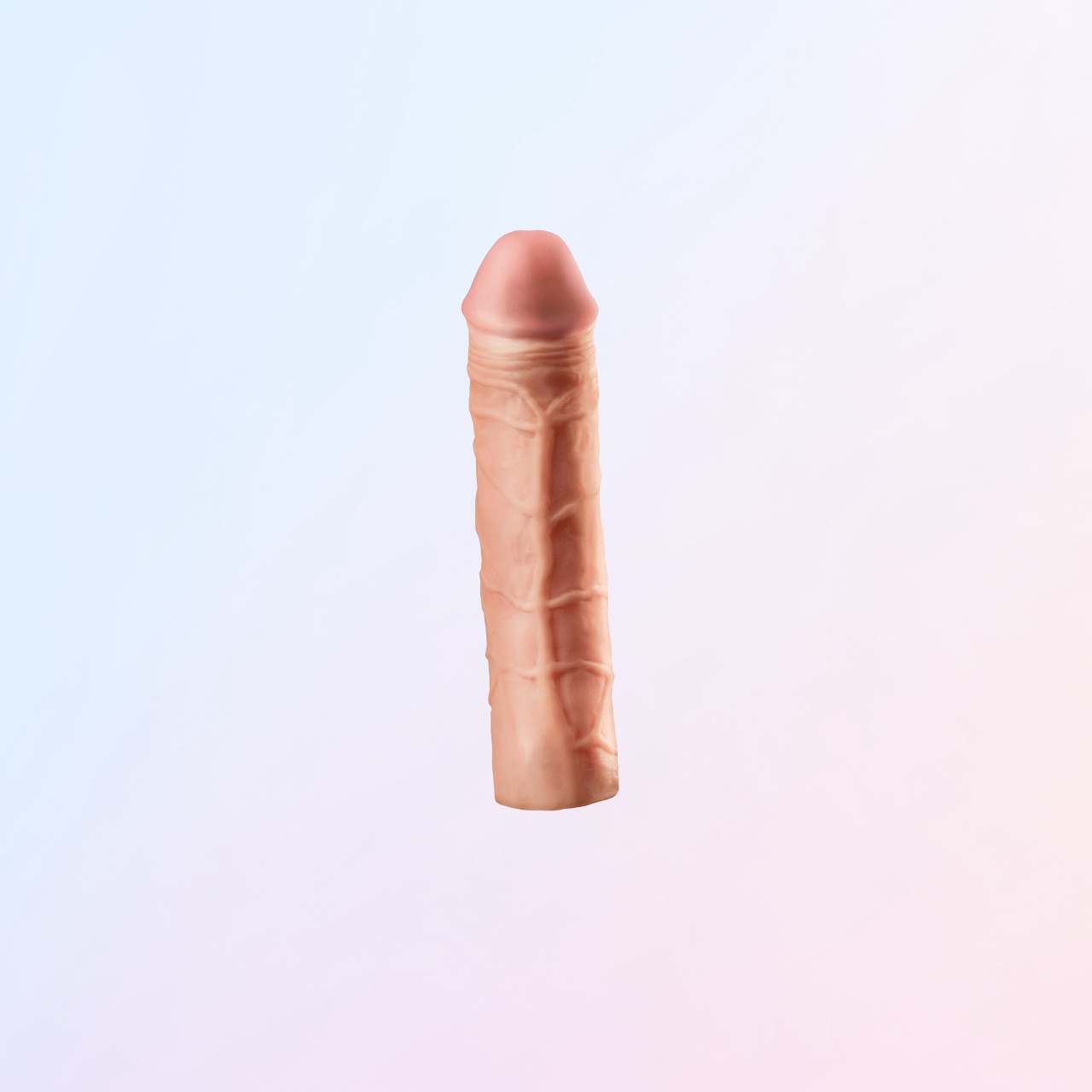 Realistic flesh tone silicone extension sleeve adult toy on light pastel background