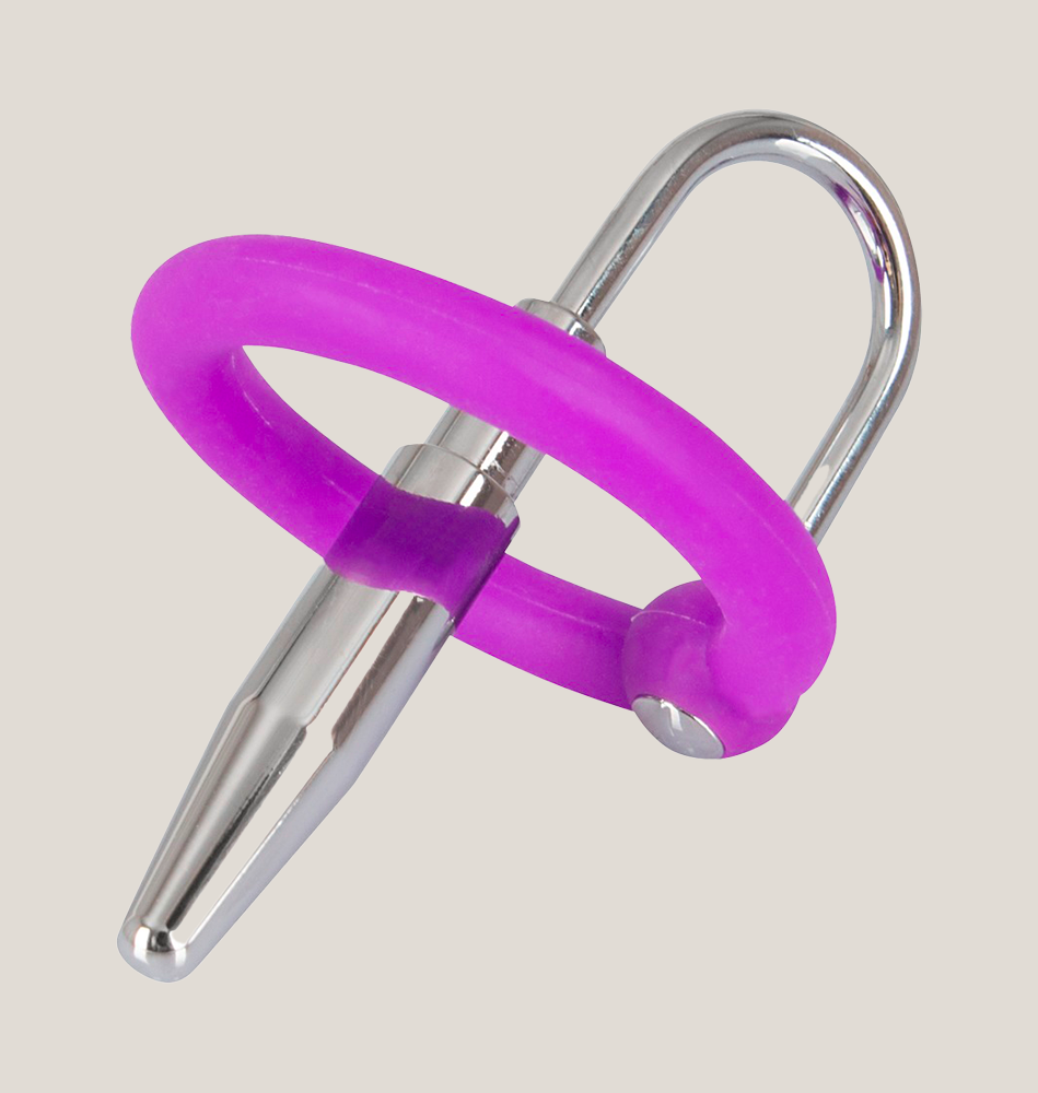 Purple silicone and silver metal intimate ring with curved design on neutral background