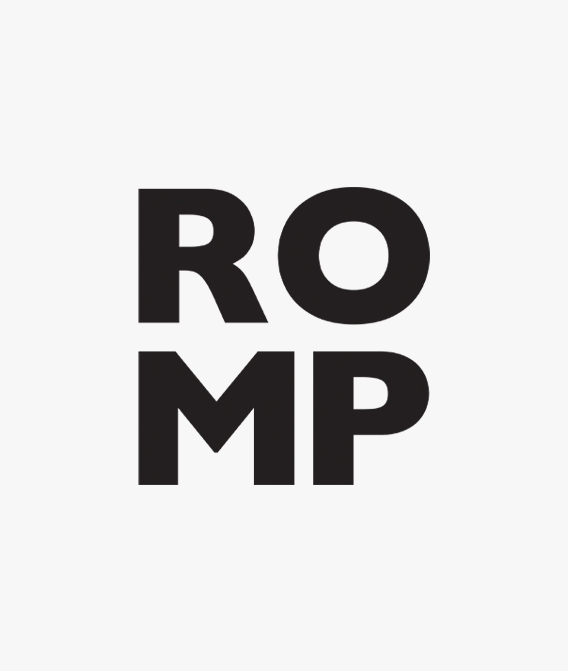 Black ROMP logo in bold letters on white background, adult lifestyle branding