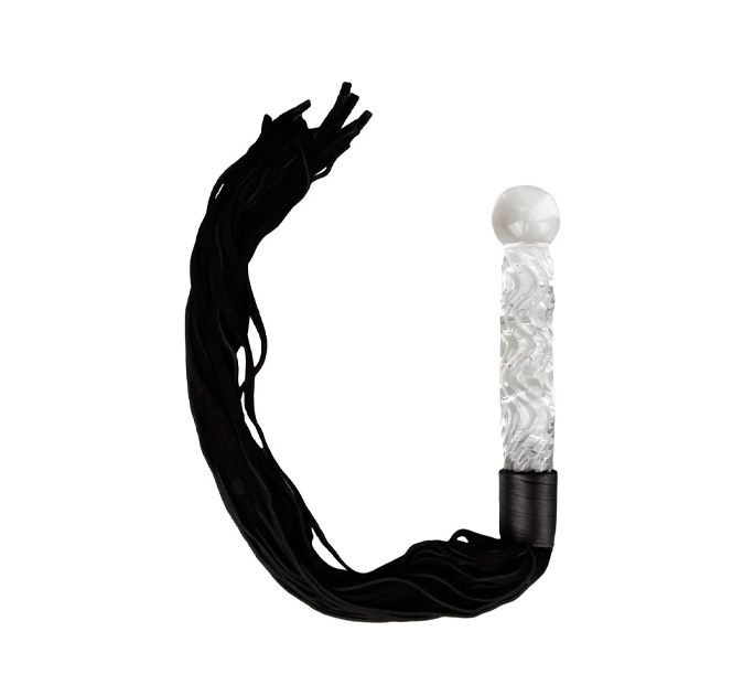 Black faux leather whip with a textured clear acrylic handle on white background