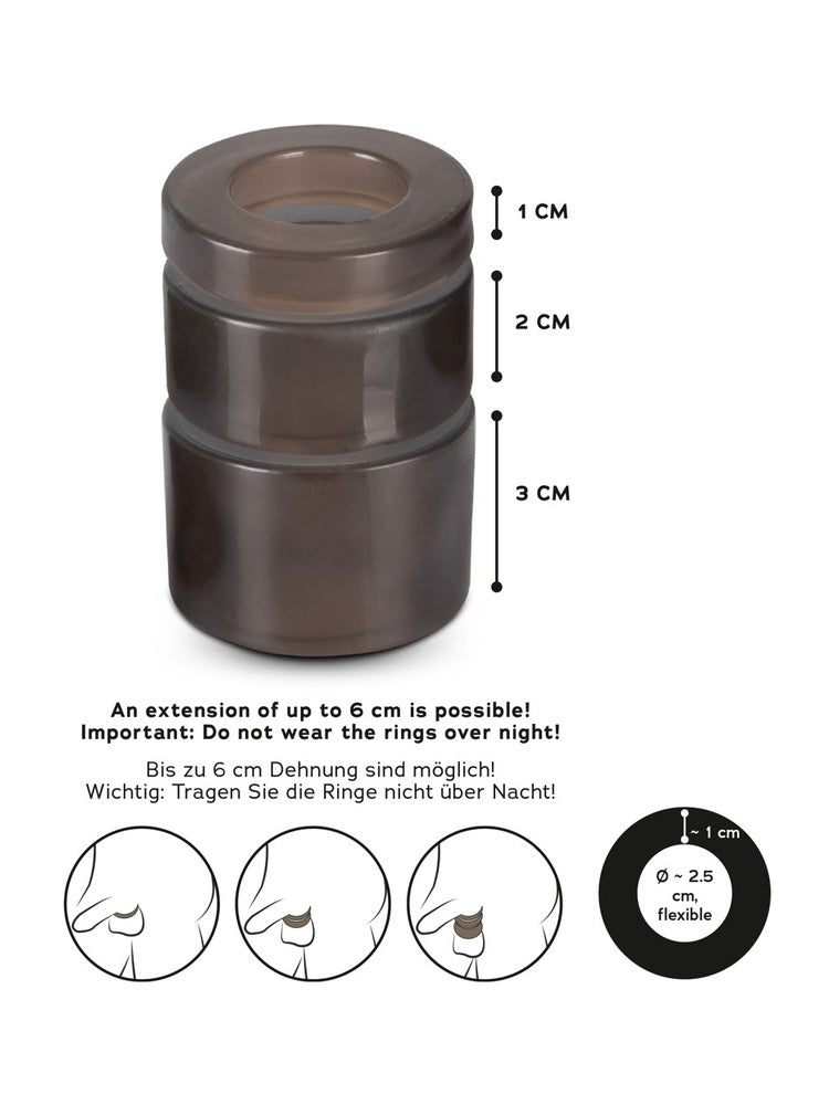 Penisringer i silikon i tre høyder (1 cm, 2 cm og 3 cm) for justerbart trykk og ereksjon