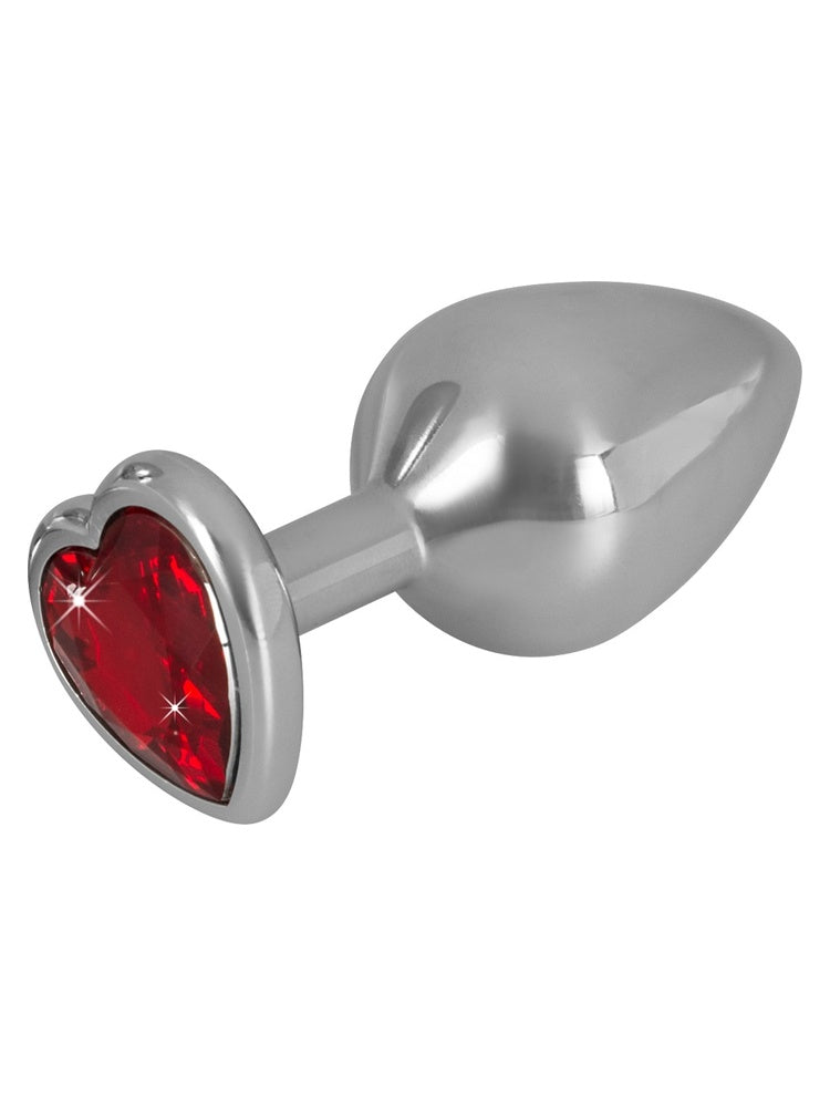 You2Toys Diamond Analplugg Medium – sølvfarget metallplug med rødt hjerteformet edelstein i enden, sett fra siden