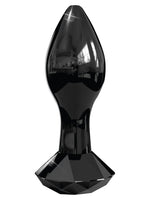 Pipedream Icicles No 78 Buttplug Svart – blank svart glasplug med fasettert diamantformet base, sett forfra mot hvit bakgrunn