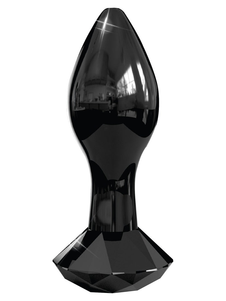 Pipedream Icicles No 78 Buttplug Svart – blank svart glasplug med fasettert diamantformet base, sett forfra mot hvit bakgrunn