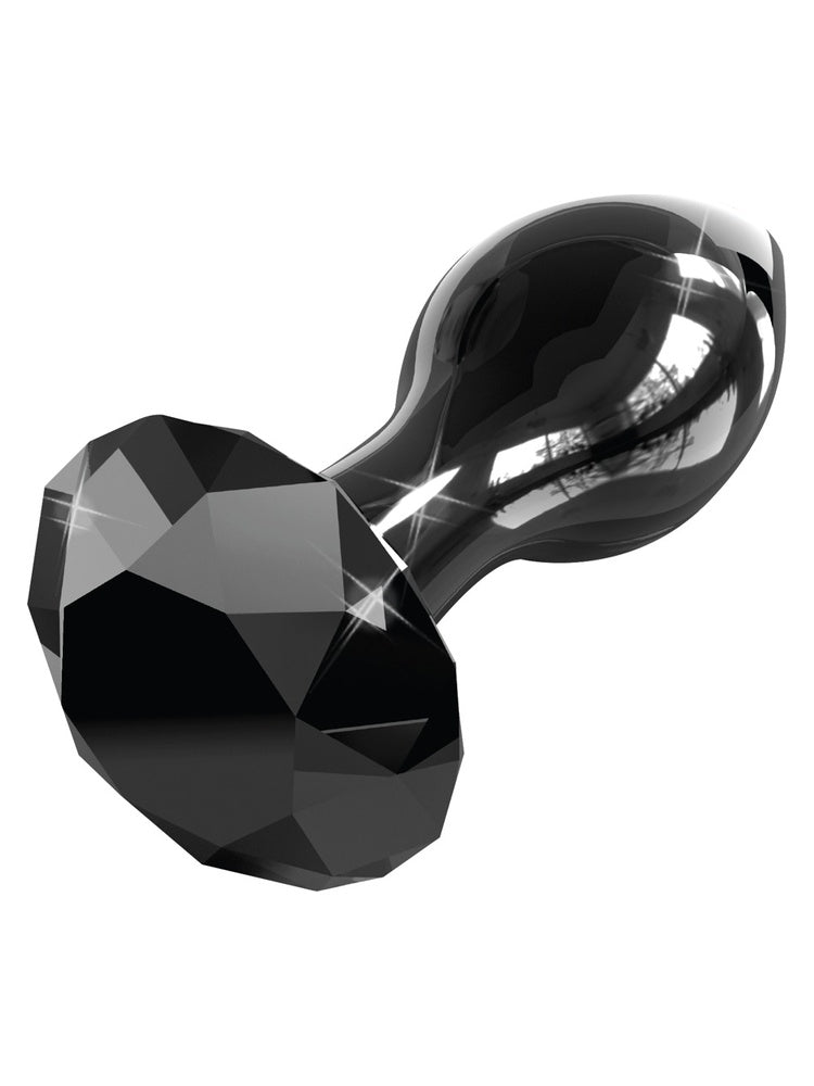 Pipedream Icicles No 78 Buttplug Svart – pluggen liggende horisontalt, viser den fasetterte basen og glatte glasskroppen mot hvit bakgrunn