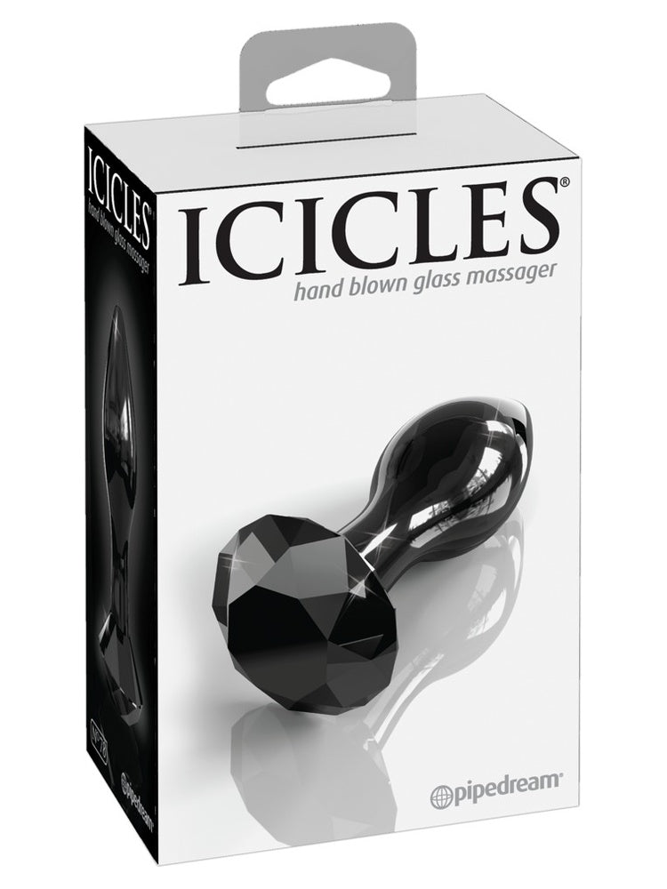 Pipedream Icicles No 78 Buttplug Svart – produkteske vist forfra med svart glassplugg og diamantbase synlig