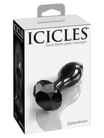 Pipedream Icicles No 78 Buttplug Svart – produkteske vist forfra med svart glassplugg og diamantbase synlig