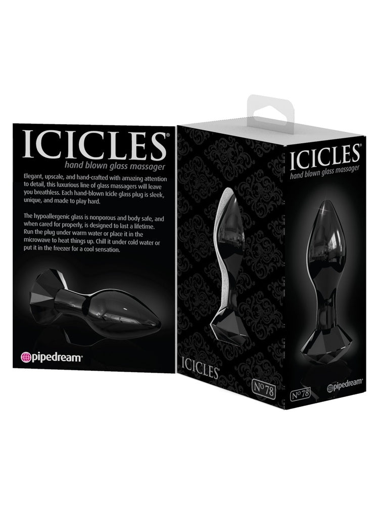 Pipedream Icicles No 78 Buttplug Svart – produkteske vist fra to sider med produktbeskrivelse og bilde av pluggen
