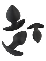 Black Velvets Anal Trainer Set – tre plugger vist fra ulike vinkler, inkludert sett ovenfra