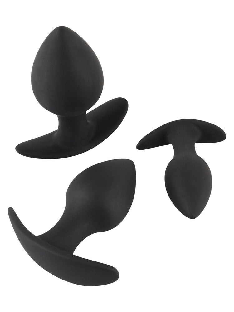 Black Velvets Anal Trainer Set – tre plugger vist fra ulike vinkler, inkludert sett ovenfra