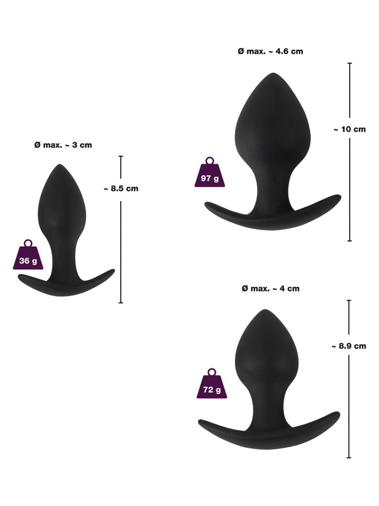 Black Velvets Anal Trainer Set – størrelsesdiagram med mål: liten 8,5 cm 36g, medium 8,9 cm 72g, stor 10 cm 97g
