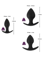 Black Velvets Anal Trainer Set – størrelsesdiagram med mål: liten 8,5 cm 36g, medium 8,9 cm 72g, stor 10 cm 97g