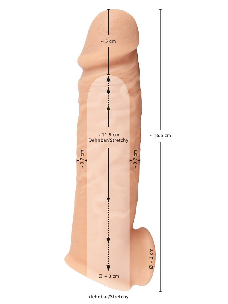 Måleskisse av penisforlengeren med produktmål for lengde og diameter.