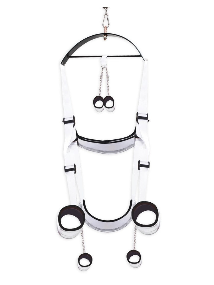 Fetish Fantasy Series Fantasy Bondage Swing produktbilde uten modeller. Hvit sexsving med metallramme, justerbare stropper og polstrede hånd- og ankelfester.