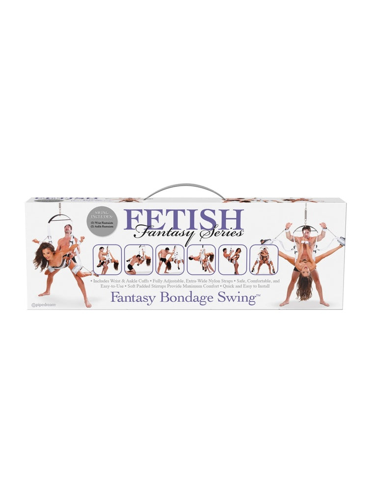 Fetish Fantasy Series Fantasy Bondage Swing emballasje. Hvit eske med produktnavn, bilder av bruk og informasjon om inkluderte hånd- og ankelfester fra Pipedream Products.