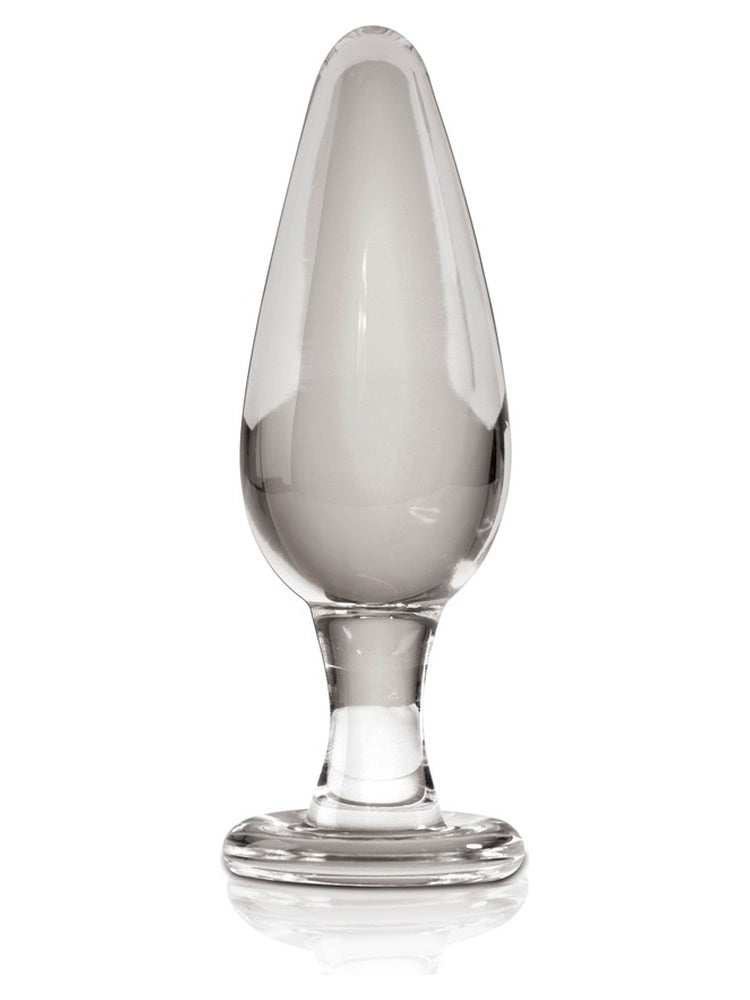 Pipedream Icicles No 26 Buttplug Klar – håndblåst glasplug med rund base, sett fra siden mot hvit bakgrunn