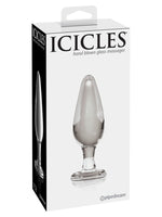 Pipedream Icicles No 26 Buttplug Klar – produkteske vist forfra med glassplugg synlig gjennom vindu