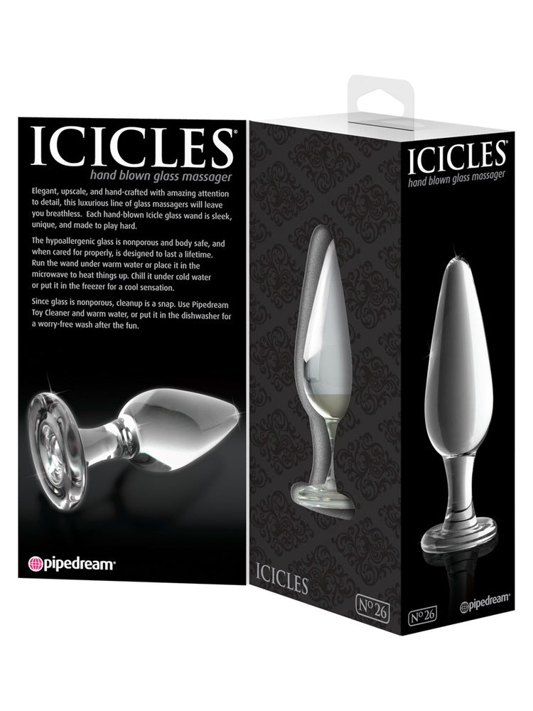 Pipedream Icicles No 26 Buttplug Klar – produkteske vist fra to sider med produktbeskrivelse og bilde av pluggen