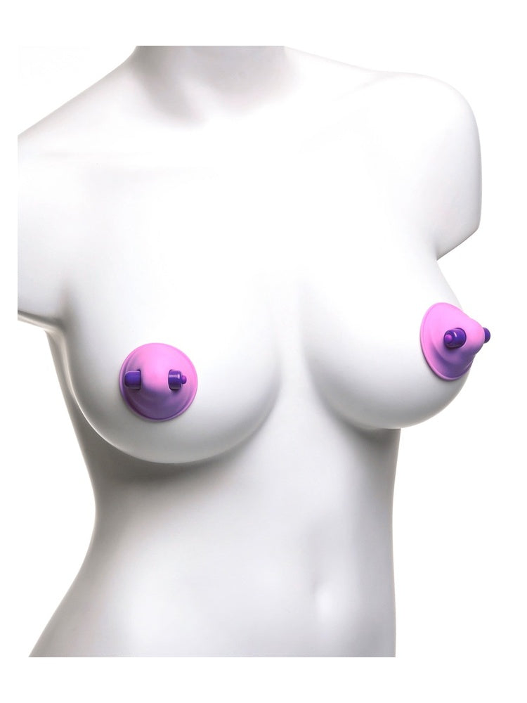 Fantasy For Her Vibrerende Nipple Suck-Hers i bruk på byste – illustrerer plassering på brystvortene