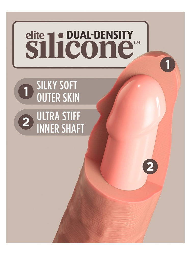 Infografikk for Elite Dual-Density Silicone – tverrsnitt av dildoens tupp som viser: 1) silkemyk ytre hud, 2) ultrastiv indre kjerne, mot beige bakgrunn.