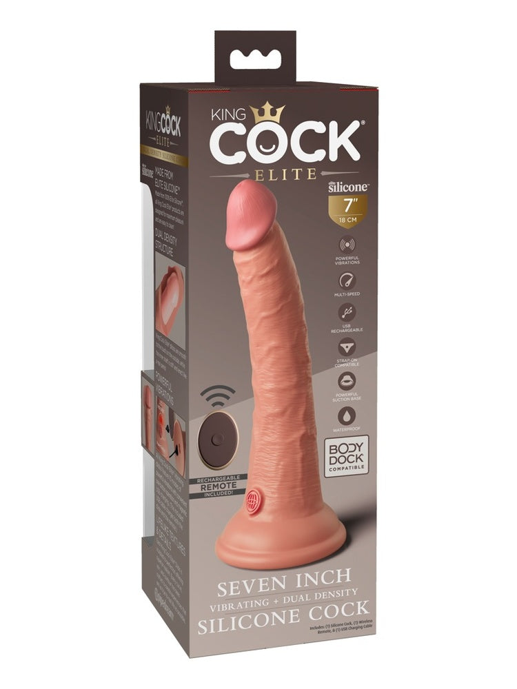 Baksiden av King Cock Elite 7"-emballasjen – brun eske med produktbilde og funksjonsliste: powerful vibrations, multi-speed, USB rechargeable, strap-on compatible, suction base, waterproof og Body Dock compatible.