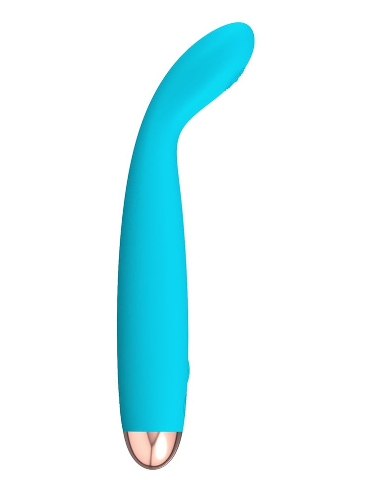 Turkis G-punktvibrator, sett fra siden, med buet hode og rosegullfarget metallbunn