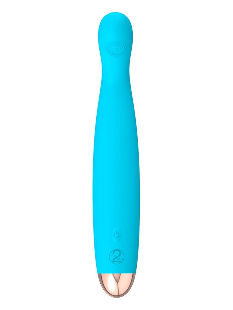 Turkis mini-vibrator, sett forfra, med spiralmønster på toppen, av/på-knapp og programknapp på siden, samt rosegullfarget metallbunn