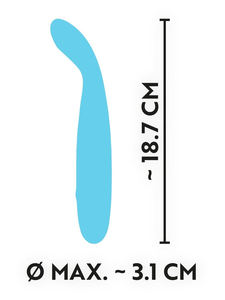Størrelsesdiagram for turkis vibrator: lengde ca. 18,7 cm og maks diameter ca. 3,1 cm