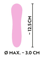 Måldiagram for Cuties rosa minivibrator 2.0: lengde ca. 12,5 cm og maksimal diameter ca. 3,0 cm. Rosa silhuett mot hvit bakgrunn.