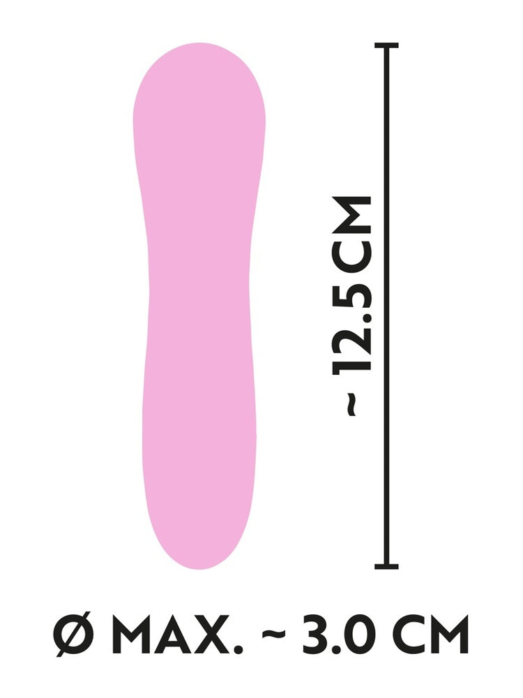 Måldiagram for Cuties rosa minivibrator 2.0: lengde ca. 12,5 cm og maksimal diameter ca. 3,0 cm. Rosa silhuett mot hvit bakgrunn.