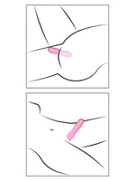 Illustrert bruksguide i to bilder som viser hvordan Cuties rosa minivibrator kan brukes til ekstern stimulering.