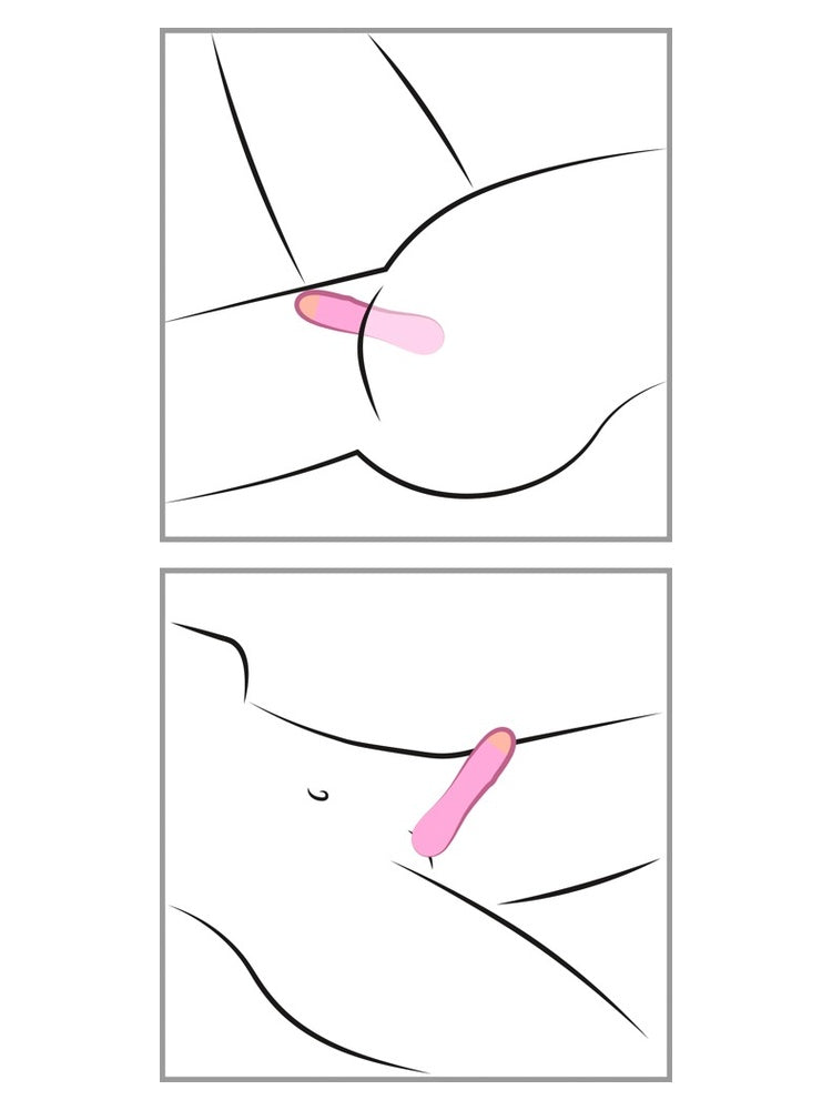 Illustrert bruksguide i to bilder som viser hvordan Cuties rosa minivibrator kan brukes til ekstern stimulering.
