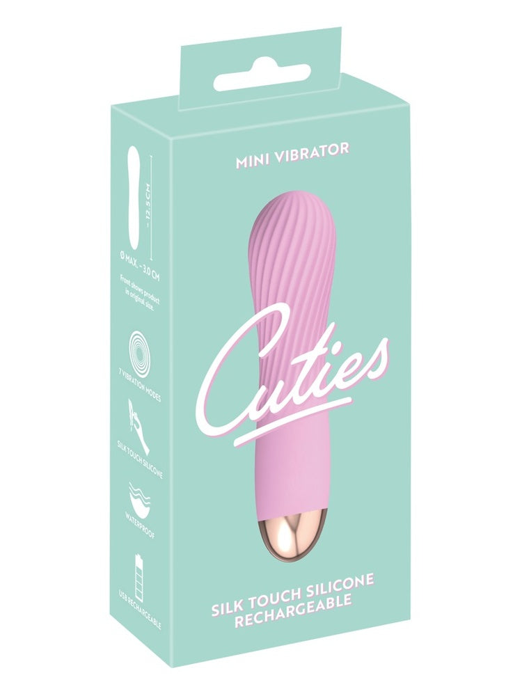 Cuties rosa minivibrator 2.0 i originalemballasje – mintgrønn eske med produktbilde, Cuties-logo og teksten “Mini Vibrator, Silk Touch Silicone Rechargeable, 7 vibration modes, Waterproof”.