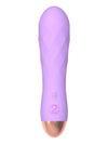 Cuties minivibrator i lyselilla silikon med diamantmønstret overflate, av/på-knapp og You2Toys-logo, roségullfarget bunn, sett forfra mot hvit bakgrunn.