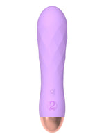 Cuties minivibrator i lyselilla silikon med diamantmønstret overflate, av/på-knapp og You2Toys-logo, roségullfarget bunn, sett forfra mot hvit bakgrunn.