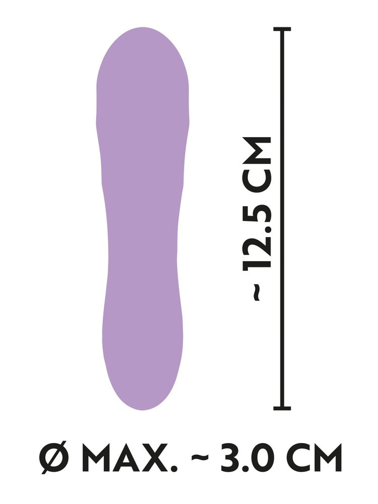 Måldiagram for Cuties lilla minivibrator 2.0: lengde ca. 12,5 cm og maksimal diameter ca. 3,0 cm. Lilla silhuett mot hvit bakgrunn.
