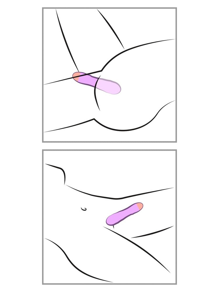 Illustrert bruksguide i to bilder som viser hvordan Cuties minivibrator kan brukes til ekstern stimulering.