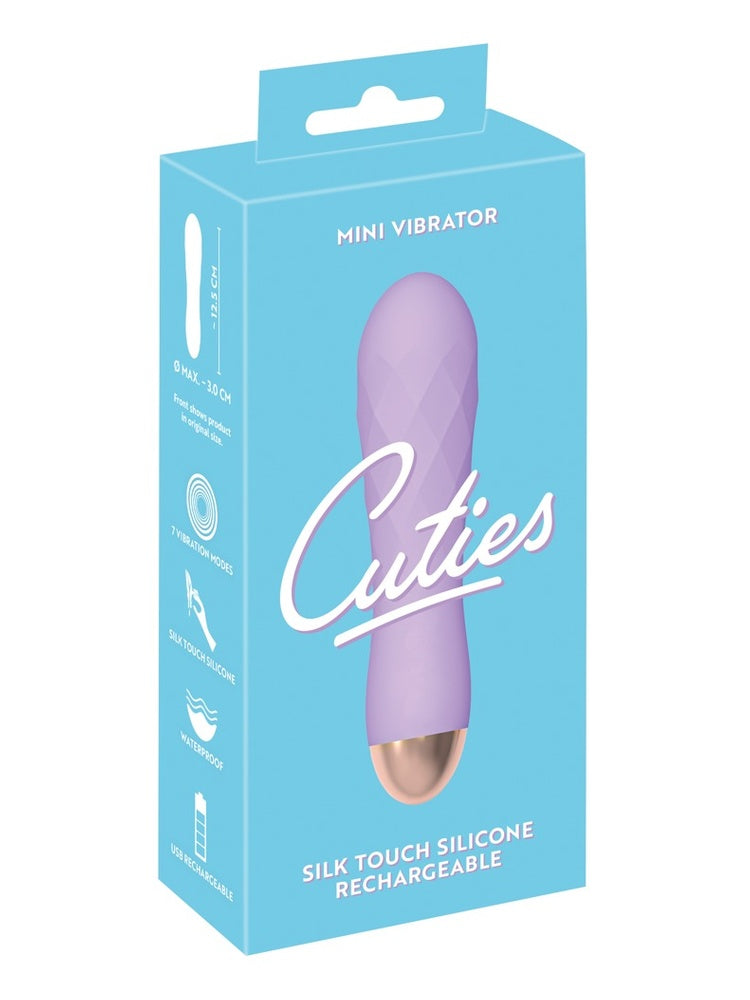 Cuties minivibrator 2.0 i originalemballasje – lyseblå eske med produktbilde, Cuties-logo og teksten “Mini Vibrator, Silk Touch Silicone Rechargeable, 7 vibration modes, Waterproof”.
