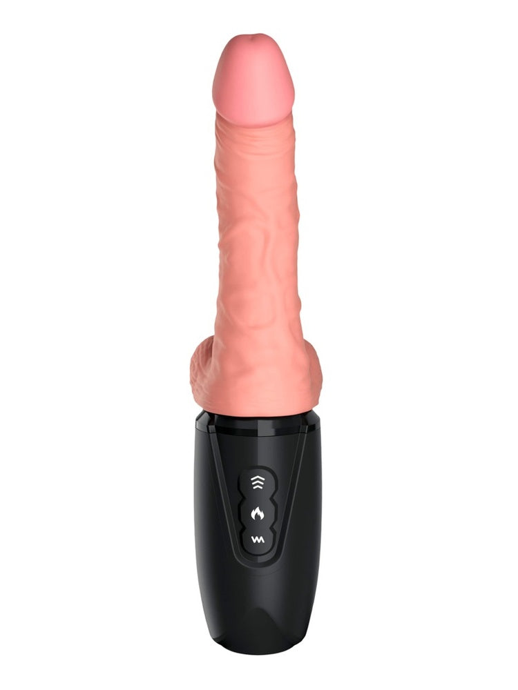 King Cock Plus dildo sett forfra med svart håndtak og tydelige knapper med ikoner for thrusting, varme og vibrasjon mot hvit bakgrunn.