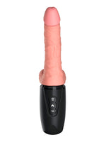 King Cock Plus dildo sett forfra med svart håndtak og tydelige knapper med ikoner for thrusting, varme og vibrasjon mot hvit bakgrunn.
