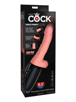 King Cock Plus Triple Threat i originalemballasje – svart eske med produktbilde og funksjonsbeskrivelser: 7 thrusting, warms to body temperature, 7 vibration modes, Fanta Flesh, 6,5” / 17 cm.