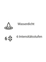 Infografikk som viser funksjoner: vannbestandig design og 6 intensitetsnivåer.