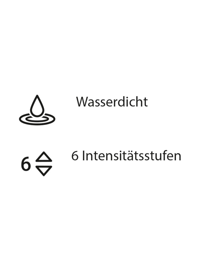 Infografikk som viser funksjoner: vanntett design og 6 intensitetsnivåer.
