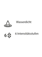 Infografikk som viser funksjoner: vanntett design og 6 intensitetsnivåer.