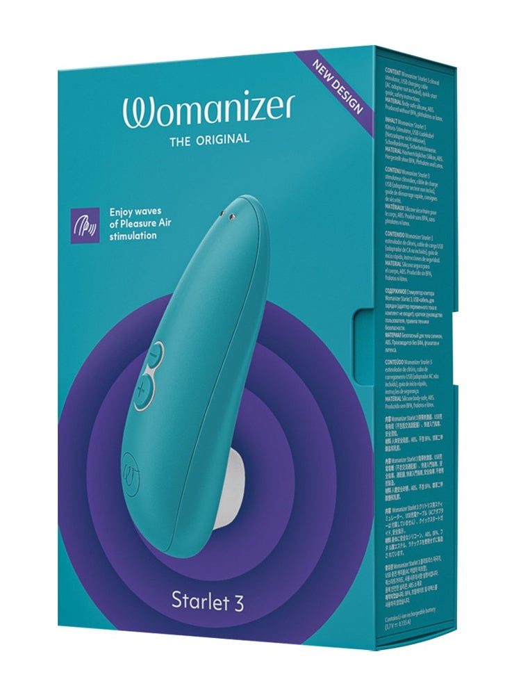 Emballasje i turkis med produktinformasjon og funksjoner.