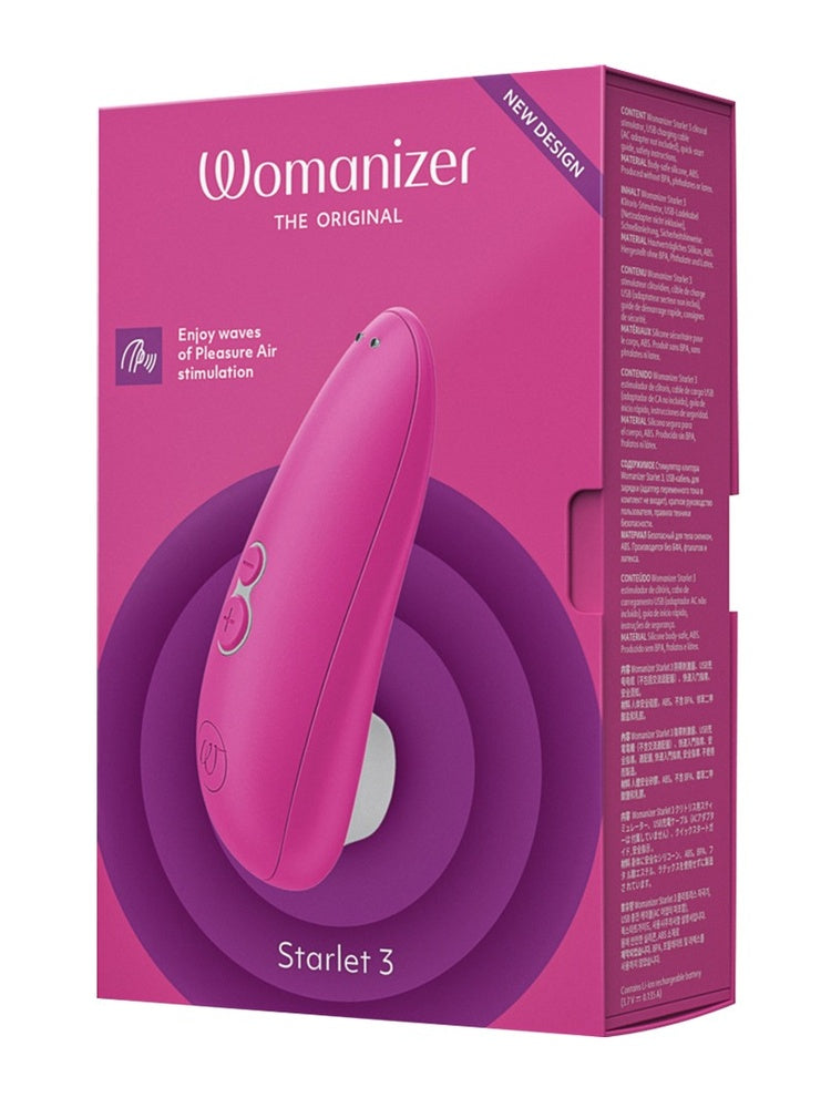 Emballasje i rosa/magenta med produktbilde, logo, modellnavn «Starlet 3» og produktinformasjon.