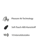Infografikk som viser funksjoner: Pleasure Air Technology, myk overflate og 10 intensitetsnivåer.